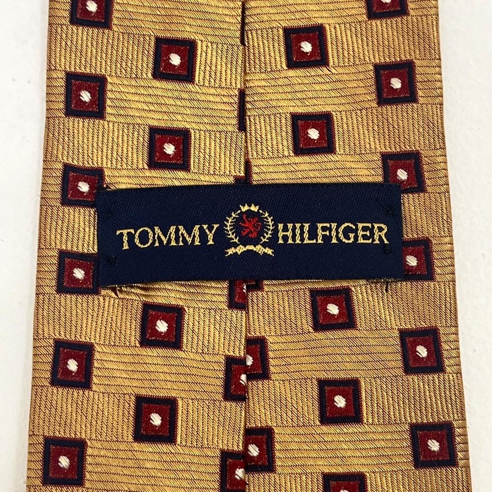 Vintage Tommy Hilfiger Tie 2-Tone Gold Navy Red Blocks 100% Silk USA 58"x3.75" - Picture 3 of 8